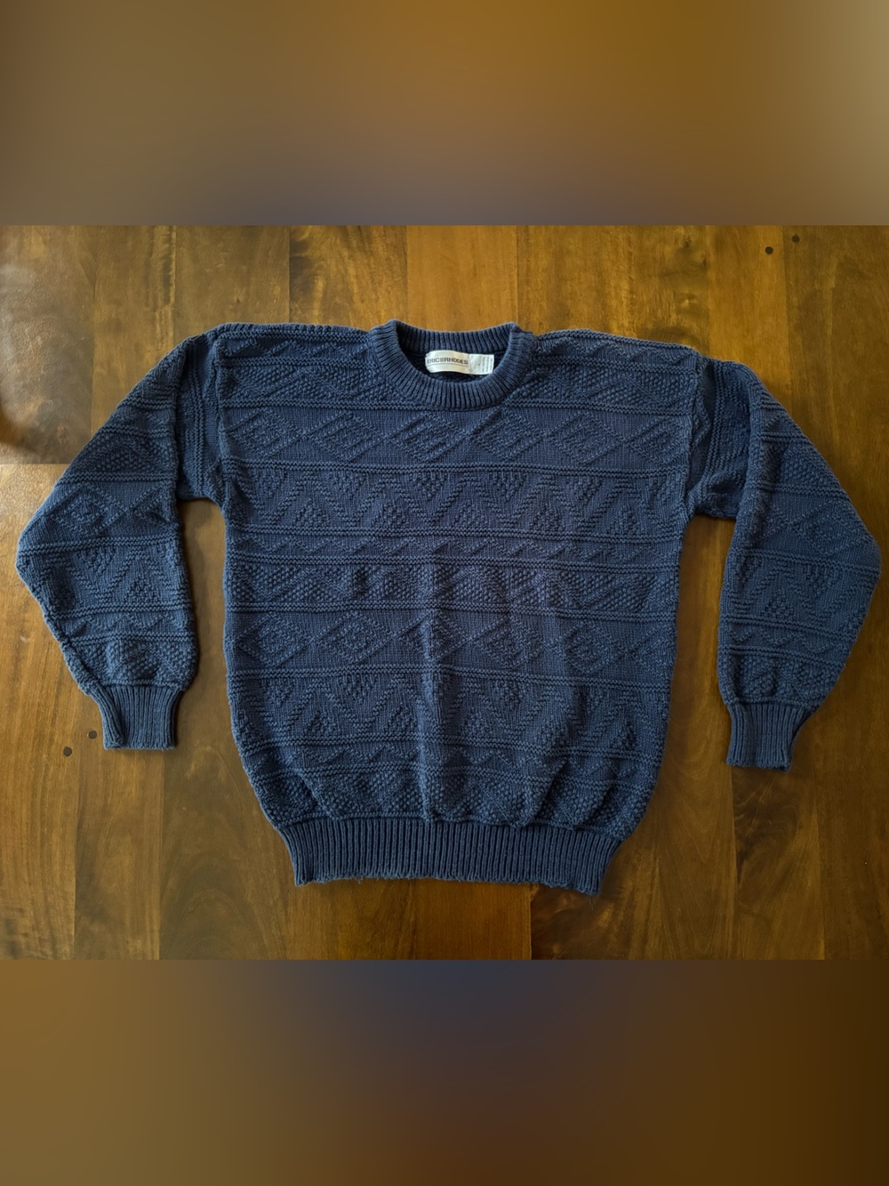 VTG Eric Rhodes Men's XL Navy Knit Crewneck Geometric 100% Cotton USA Thrashed